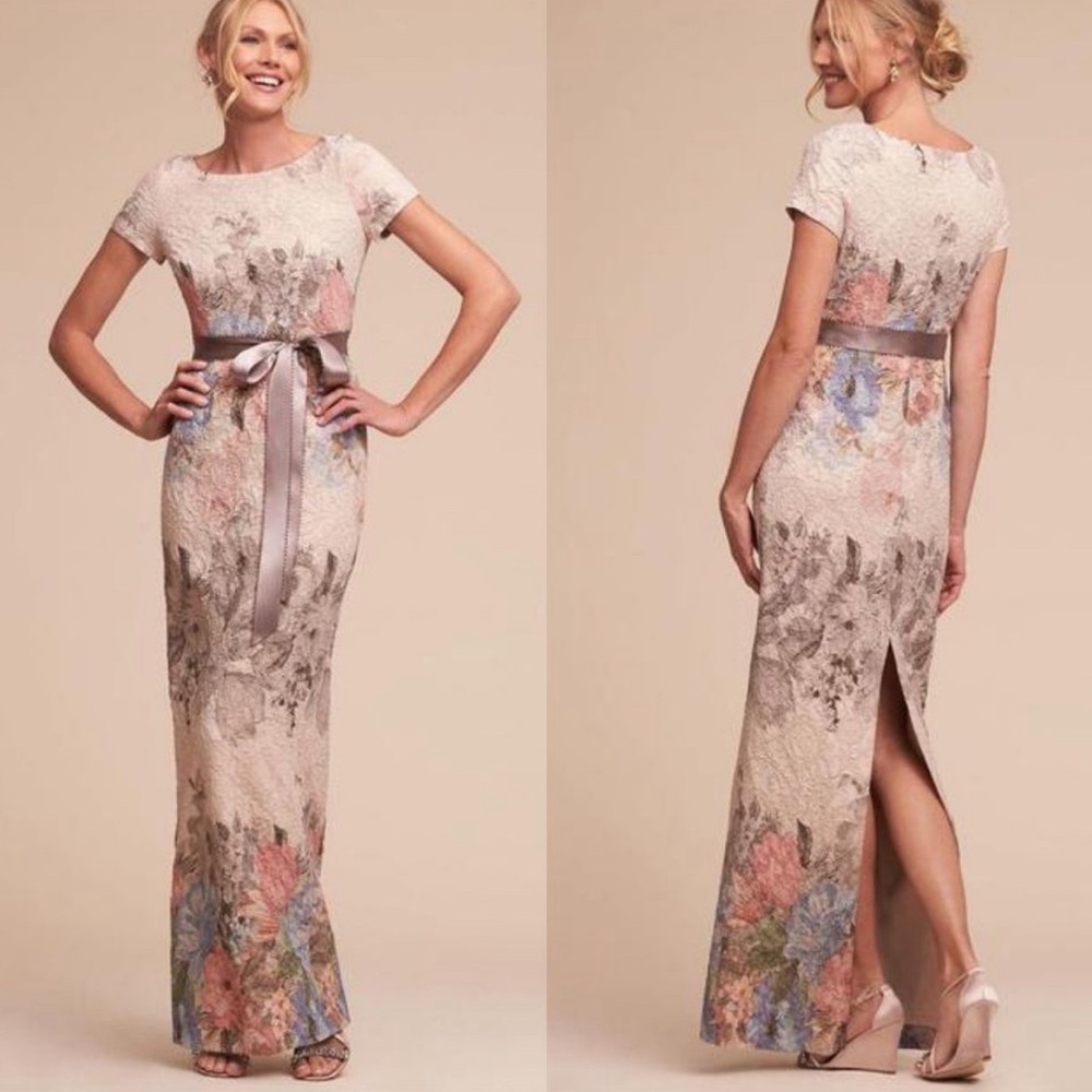 Adrianna Papell Floral Lace Cap-Sleeve Gown in Blush and Pastels